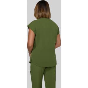 A green top with short sleeves, viewed from the back, worn by a model against a grey background.