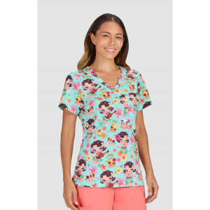 A vibrant aqua top featuring a playful print with characters and floral designs, paired with pink pants.