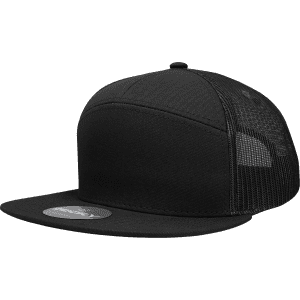 A black 7 Panel High Profile Structured Trucker cap with a mesh back and a logo on the front.