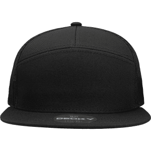 A black 7 panel high profile structured trucker cap with a flat brim and a logo on the front.