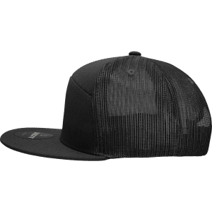 A black 7 panel high profile structured trucker cap featuring a mesh back and a curved brim.