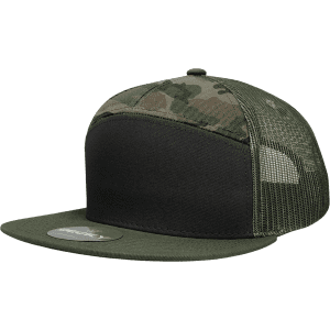 A green and camouflage trucker cap with a flat peak and mesh back, featuring a logo on the front.