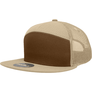 A high-profile structured trucker cap featuring a tan front and brown panel, with a mesh back and a logo.