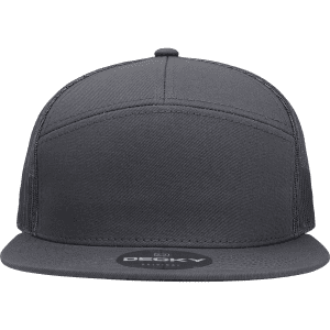 A grey, high-profile structured trucker cap with a flat brim and a logo on the front.