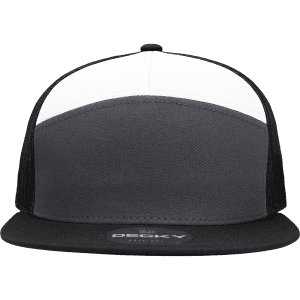 A grey and black high-profile structured trucker cap with a white front panel and a logo on the brim.