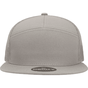 A grey high-profile structured trucker cap featuring a logo on the front panel.