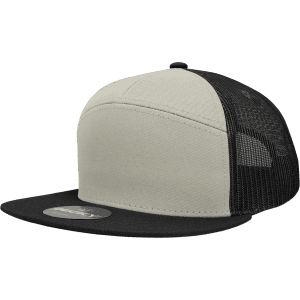 A structured trucker cap in grey with a black mesh back and a black brim, featuring a logo on the front.