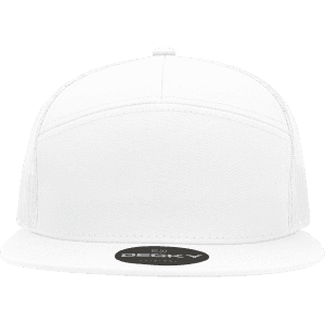 A white 7 panel high profile structured trucker cap with a branded logo on the front.