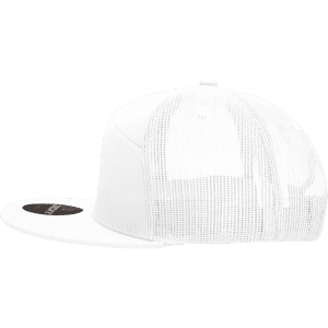A white structured trucker cap featuring a mesh back and a curved brim, also includes a logo.
