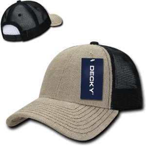 A jute trucker cap in tan and black, featuring a structured low profile and a branding tag.