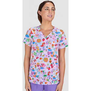 A pink scrub top featuring a vibrant print with various playful designs and a logo.