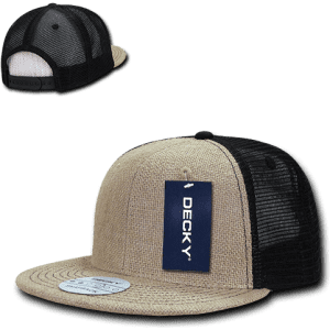 A high-profile structured jute trucker cap in beige and black, featuring a logo and mesh back.