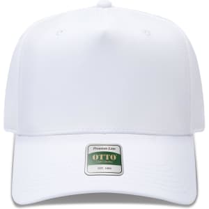A white 5 panel cap with a structured design and a logo at the front.