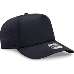 A navy perforated cap with a mid profile and a logo patch on the front.