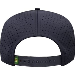 A perforated navy cap featuring a mid-profile design and an adjustable strap at the back, with a logo.