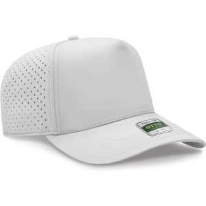 A white perforated 5 panel mid-profile cap with a branded label on the front.