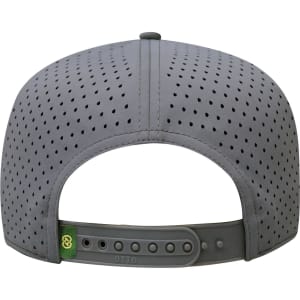 A grey perforated cap featuring a mid-profile design and adjustable strap at the back. It includes a logo.