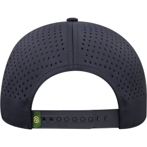 A navy perforated cap featuring a snapback closure and a logo detail on the side.