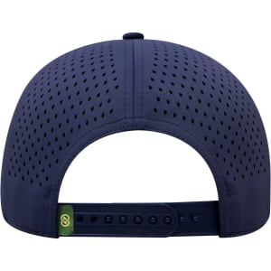 A navy perforated cap featuring a snapback closure and a logo on the strap.