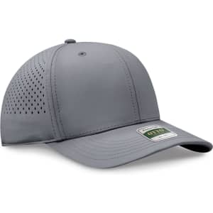 A grey perforated cap featuring a structured design and an adjustable back, along with a logo on the front.