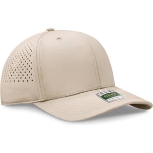 A beige perforated cap with a curved brim and a logo on the front. Suitable for various outdoor activities.