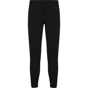 Black stretch trousers with a fitted design and drawstring waist. Features pockets and a simple logo.