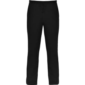 Black track pants featuring a drawstring waist and a logo.
