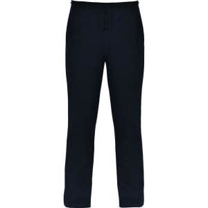 Navy track pants with a drawstring waist and a logo on the side. Crafted for comfort and style.