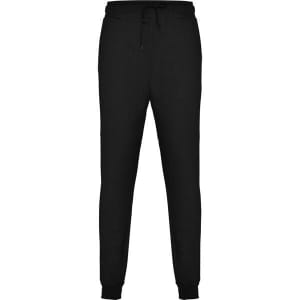 A pair of black track pants featuring a drawstring waist and ribbed cuffs, with a small logo on the side.