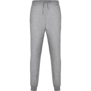 Grey track pants with an elastic waistband and cuffs, featuring a drawstring and a logo.