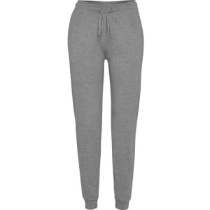 Grey women's track pants with a drawstring waist, featuring a fitted design and cuffed ankles, with a logo present.