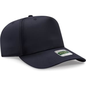 A navy blue five-panel cap featuring a logo on the front and a classic curved brim.