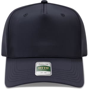A navy 5 panel cap with a structured design and a logo label on the front.