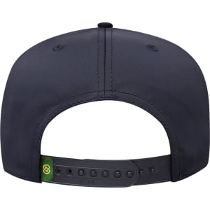 A black 5 panel pro style cap featuring a logo and an adjustable strap at the back.