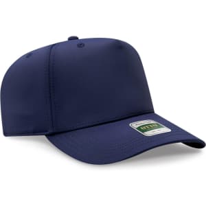 A navy blue 5-panel cap featuring a structured design and a logo on the front.