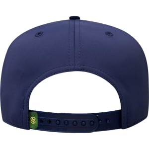 A navy blue 5 panel cap featuring a branded logo on the back and an adjustable strap for a comfortable fit.