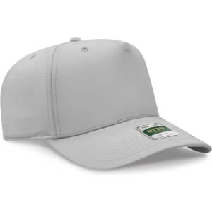 A grey five-panel cap featuring a branded logo and a structured pro style design.