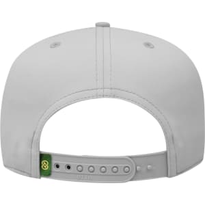 A grey 5-panel pro style cap featuring a strapback closure and a small logo on the adjustment tab.