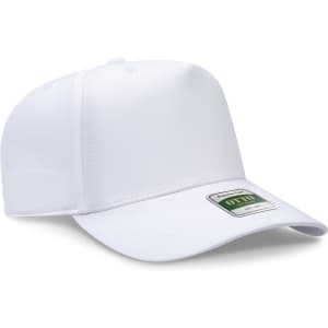 A white 5-panel cap featuring a curved brim and a branding label on the front.