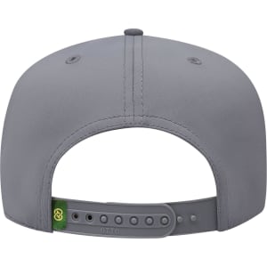 A grey 5 panel cap with a logo and an adjustable snapback closure at the rear.