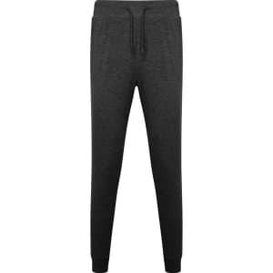 A pair of grey track pants with an elastic waistband and tapered legs, featuring pockets and a logo.