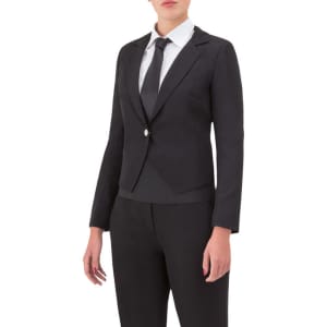 A black waist jacket is presented on a model, paired with a white shirt and a black tie. The jacket has a branded logo.