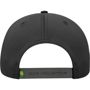 A low-profile black cap with a rear adjustable strap and a logo on the strap.