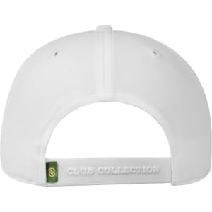 A white low-profile cap featuring a back strap with a branding logo.