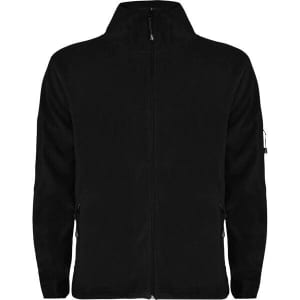 A black fleece jacket featuring a zip front and side pockets, with a logo on one sleeve.