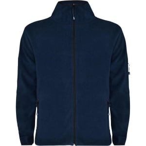 A navy fleece jacket with a zip-up front and two side pockets, featuring a logo on one sleeve.