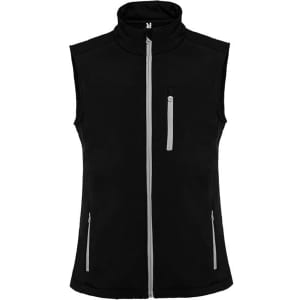 A black vest with a high collar, featuring zipped pockets and grey accents, also includes a logo.