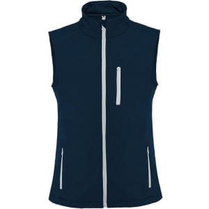 A navy vest with a high collar and multiple zippered pockets. The vest features a logo.