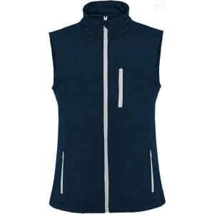 A navy blue vest with a high collar and front zip, featuring two side pockets and a chest pocket.