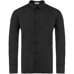 A black long sleeve shirt with a collared neckline and button-down front, featuring a logo.